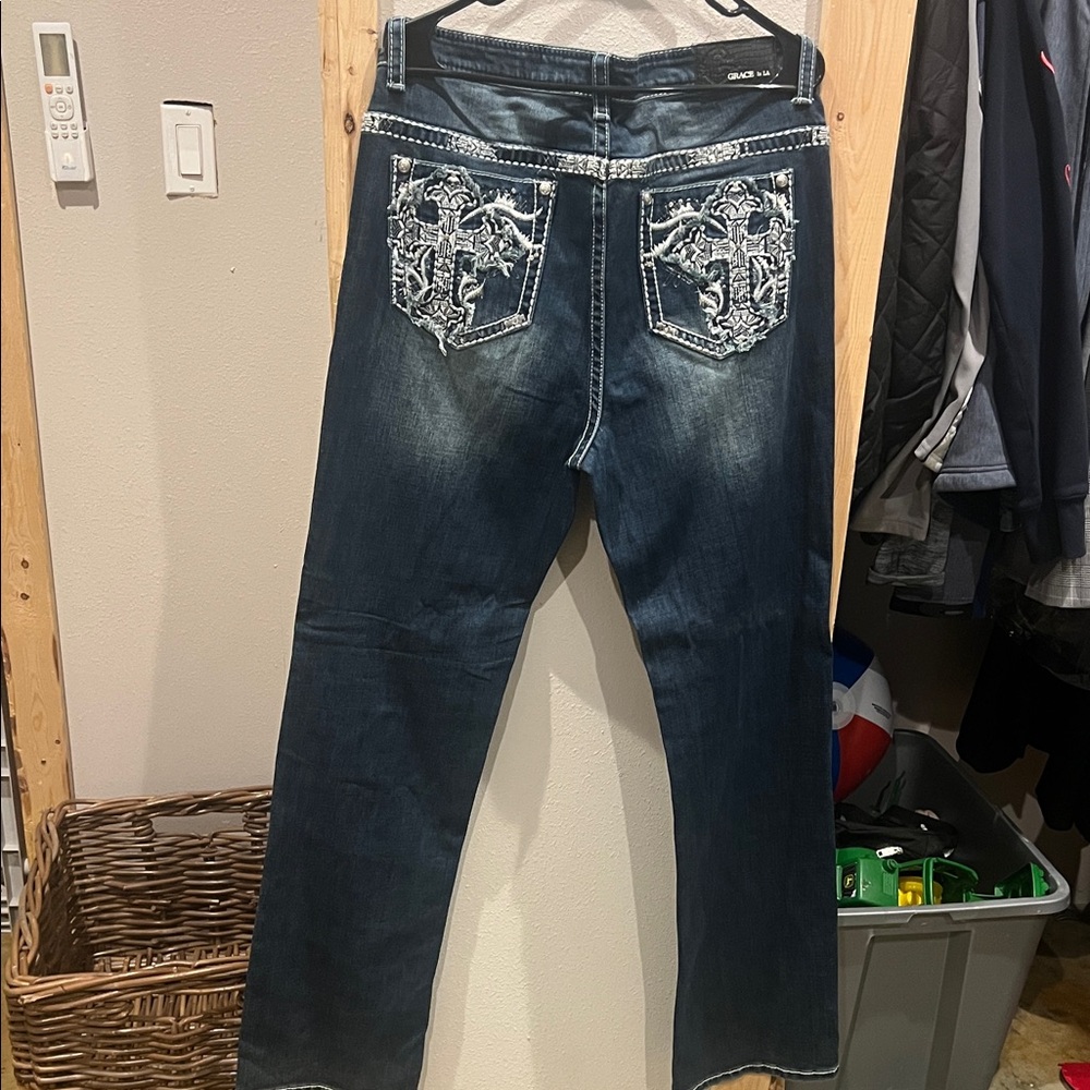 Grace in LA Dark Blue Boot Cut Jeans with White Embroidery